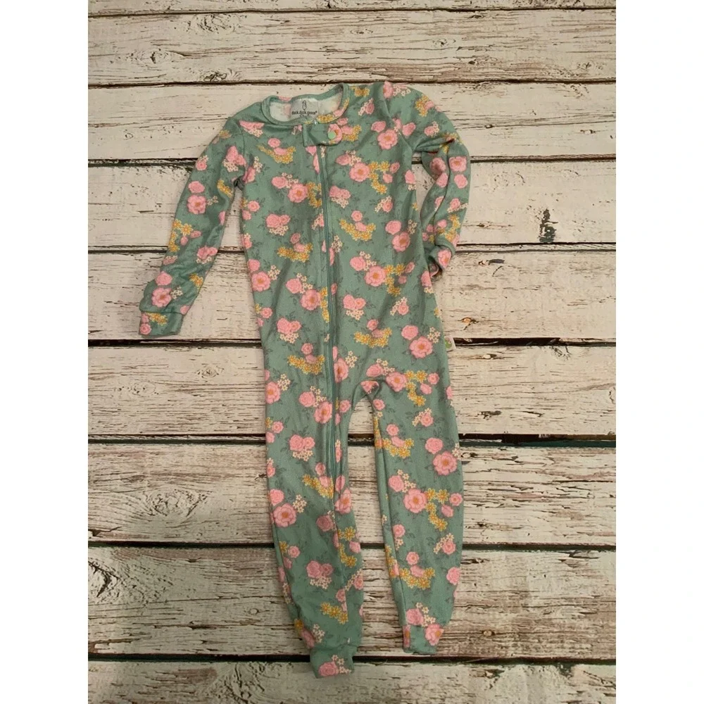 Duck Duck Goose Sleep Girls 3T Floral Pajama Sleeper Sage Green Pink Zip Up